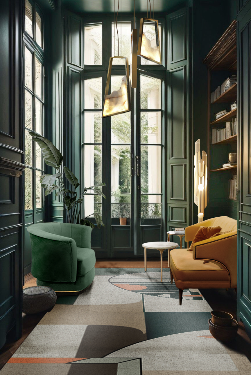 CONTEMPORARY READING CORNER WITH GREEN HUES AND THE UNIQUE OSCAR II RUG - Discover Timeless Elegance With Exclusive Library and Office Design Ideas