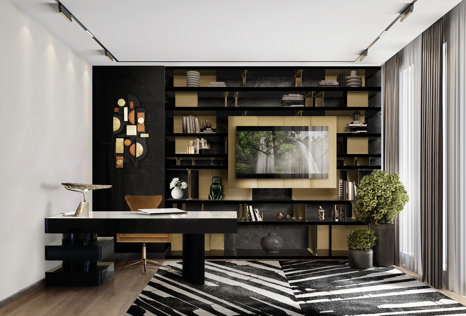 Luxurious and outstanding office design with black and white Palm Rug - Create Your Dream Home With Rug'Society, One Room At a Time