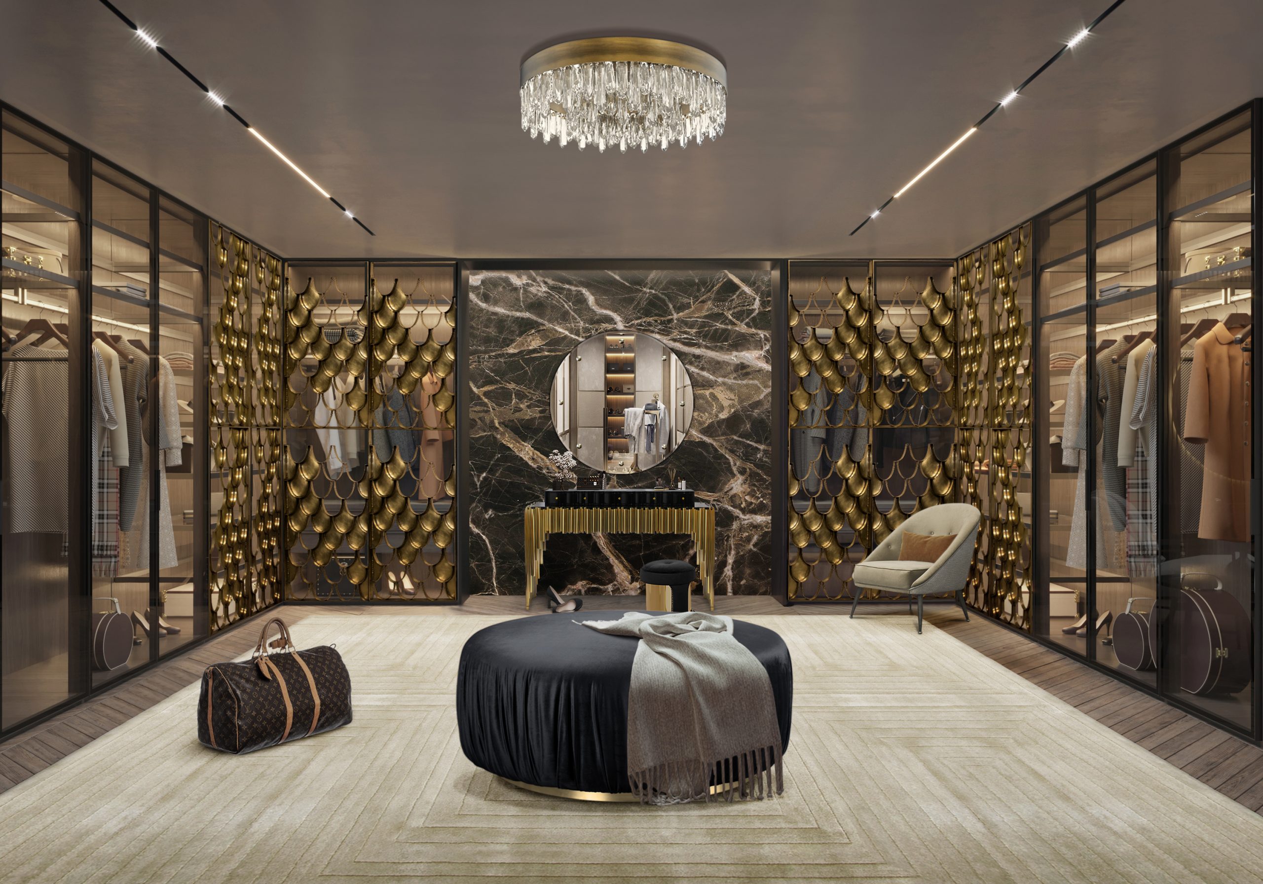 Luxurious closet design with neutral white Garden Rug - Create Your Dream Home With Rug'Society, One Room At a Time