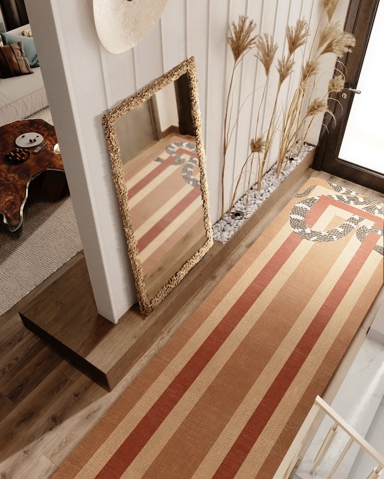 Stunning entryway design with orange and brown tones and Imperial Snake II Rug - Create Your Dream Home With Rug'Society, One Room At a Time