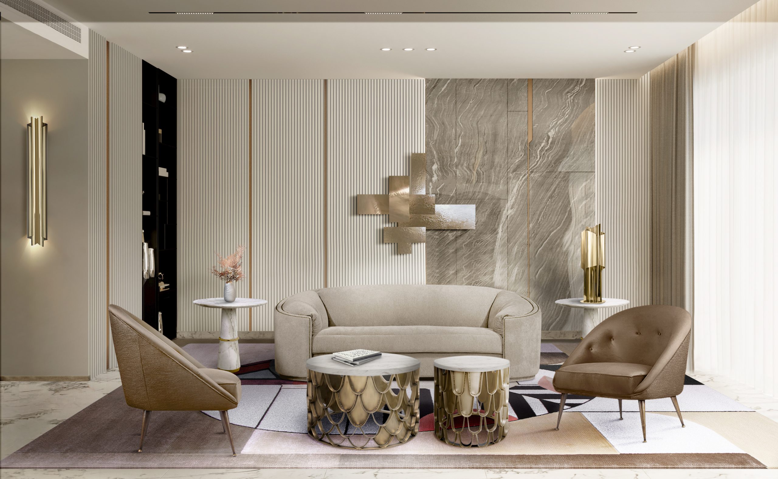 Modern and unique living room design with brass accents and Oscar Rug - Interior Design Trends: Blending Extravagance and Neutral Tones