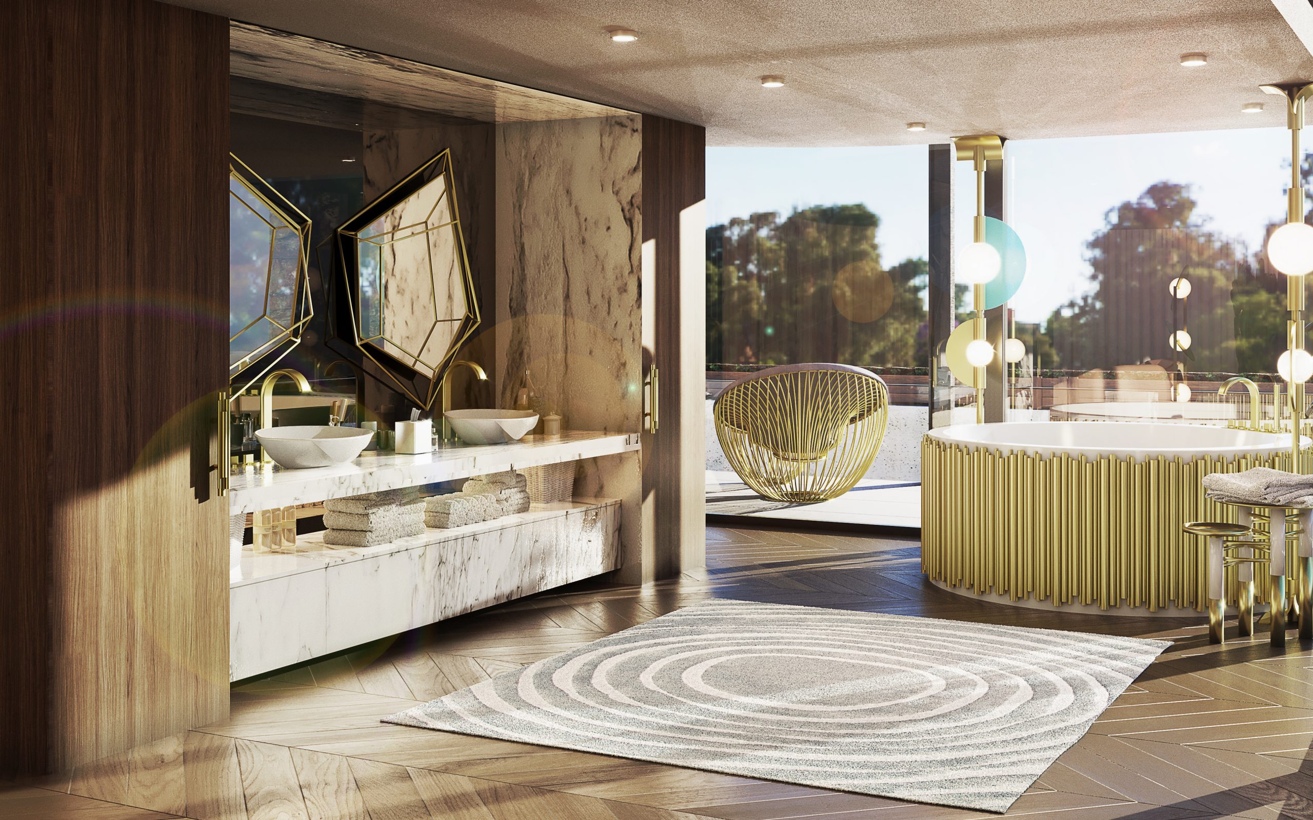 Luxurious bathroom design with golden accents and Eye Rug - Interior Design Trends: Blending Extravagance and Neutral Tones
