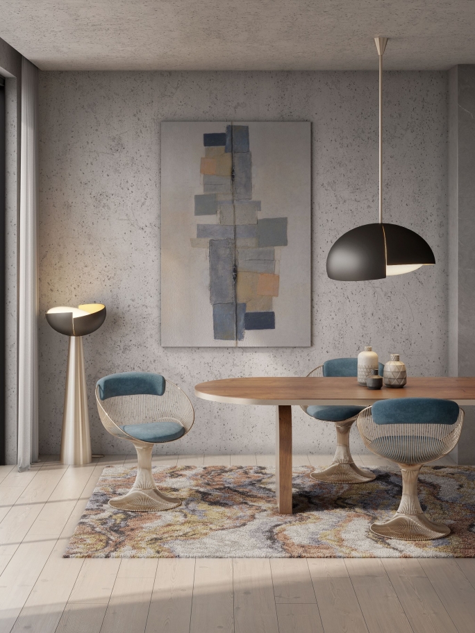 Modern dining room design with pastel colors and LA LAND RUG - Interior Design Trends: Blending Extravagance and Neutral Tones