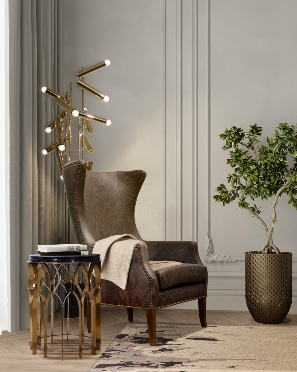 Modern reading corner with neutral tones and Rosary Rug - Interior Design Trends: Blending Extravagance and Neutral Tones