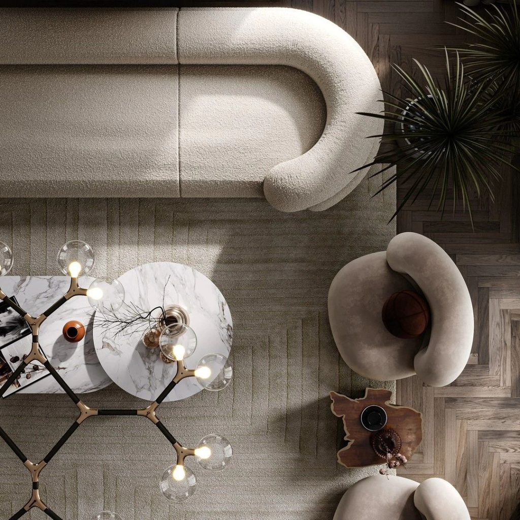 Modern and elegant living room design with the White Garden Rug - Interior Design Trends: Blending Extravagance and Neutral Tones