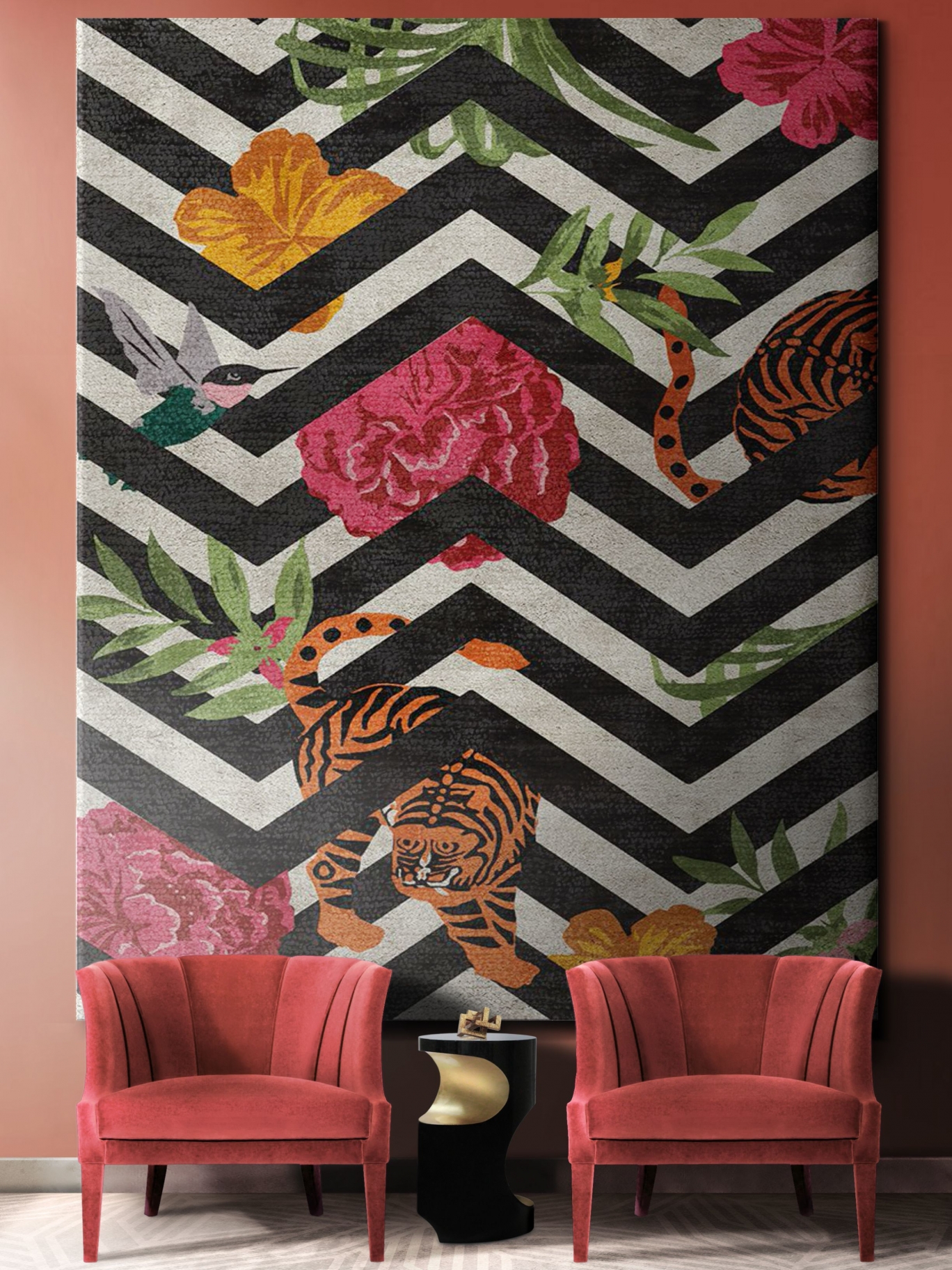 A nature-inspired hallway adorned with the Savana wall rug, showcasing botanical motifs and geometric elegance. Infusing the space with a captivating blend of botanical inspirations and geometric elements. Wall rugs
