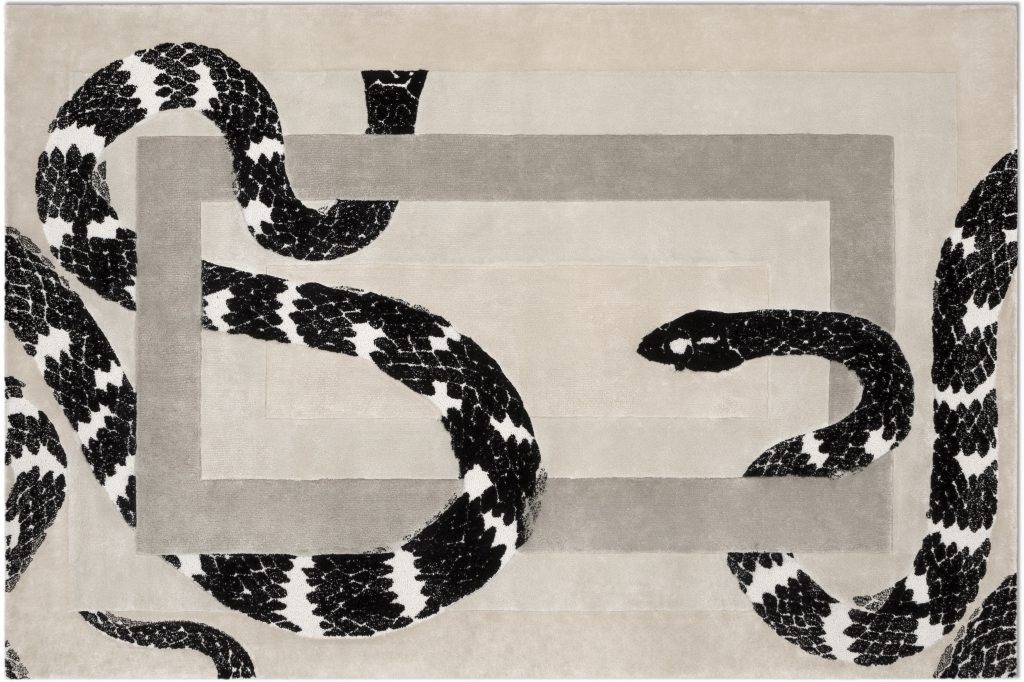 Imperial Snake rug, a 100% handmade contemporary rug in cream botanical silk with intricate mythological design, adding luxury, elegance, and sophistication to a bedroom.