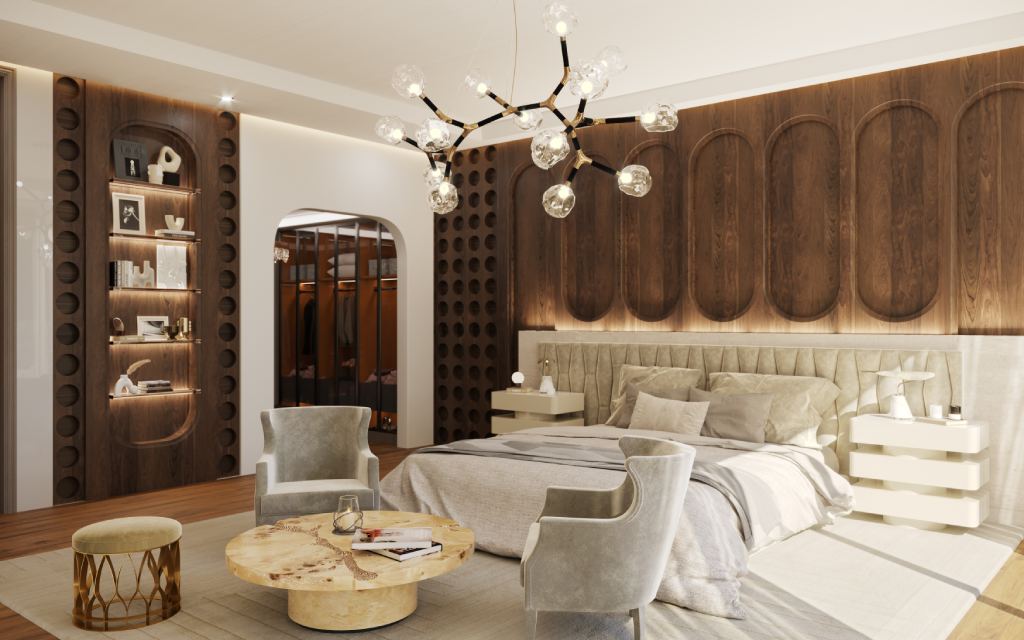Serene modern bedroom with neutral tones, minimalist furniture, and the White Garden rug—a handmade contemporary rug in botanical silk with geometric design—adding warmth, elegance, and luxurious texture.