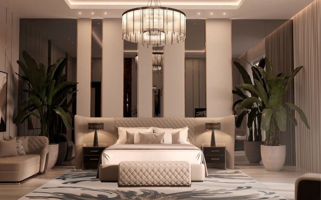 Elegant bedroom featuring the Neptuno rug, a handmade contemporary rug with nautical motifs in New Zealand wool and botanical silk, adding luxury, texture, and a serene ambiance.