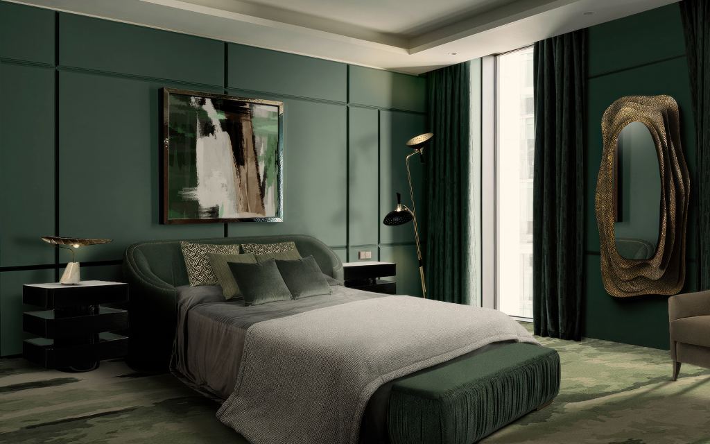 Möos rug, a handmade contemporary rug with vibrant green tones and rich texture, anchoring a modern tropical bedroom and adding luxury, serenity, and style.