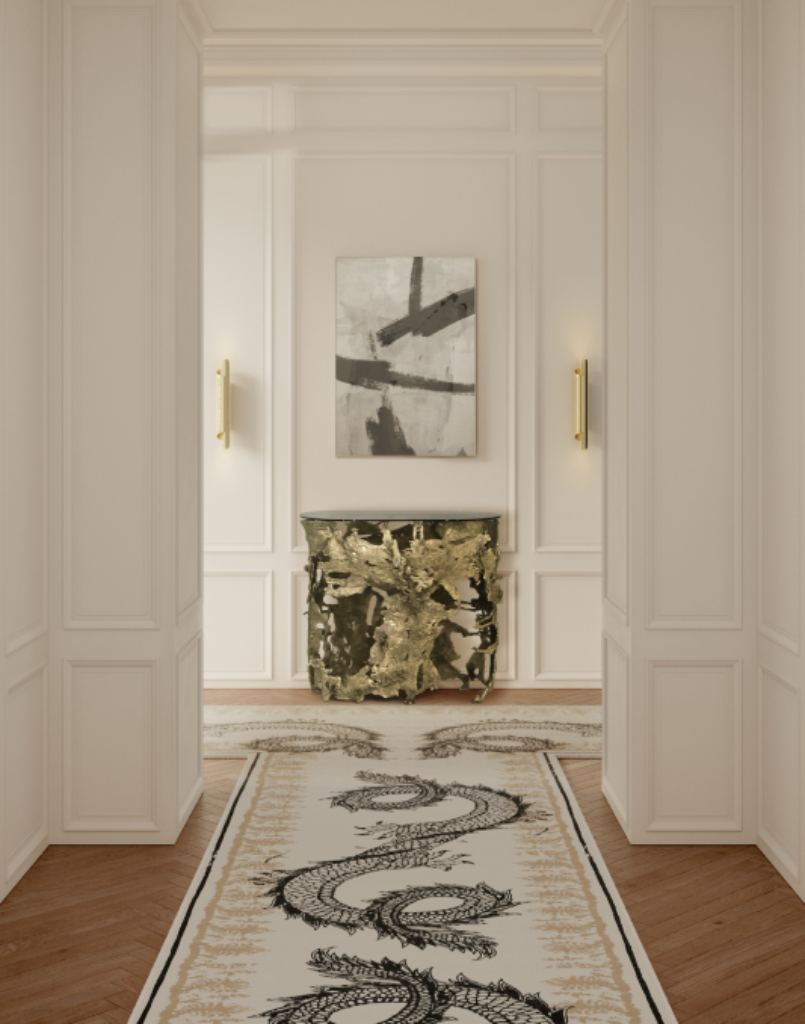Elegant neutral-toned entryway featuring the Redleh II Rug with intricate dragon motifs and the luxurious Cay Console by BRABBU, blending refinement and bold character.