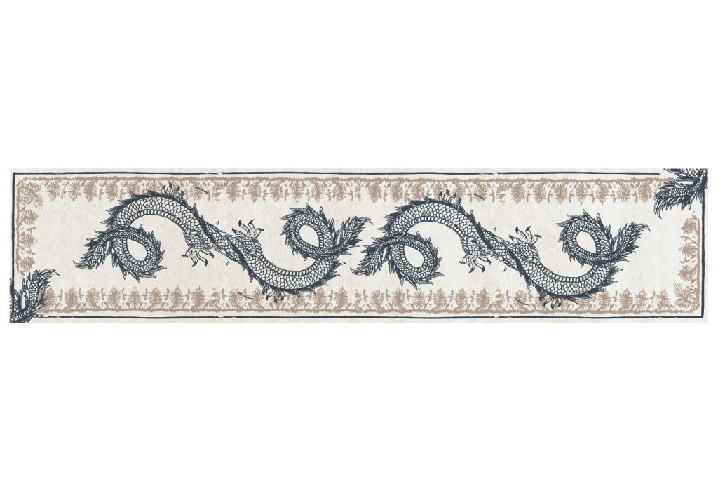 Redleh II Rug in a customized entryway, featuring detailed dragon motifs that symbolize power, nobility, and good fortune, enhancing the space with elegance and sophistication.