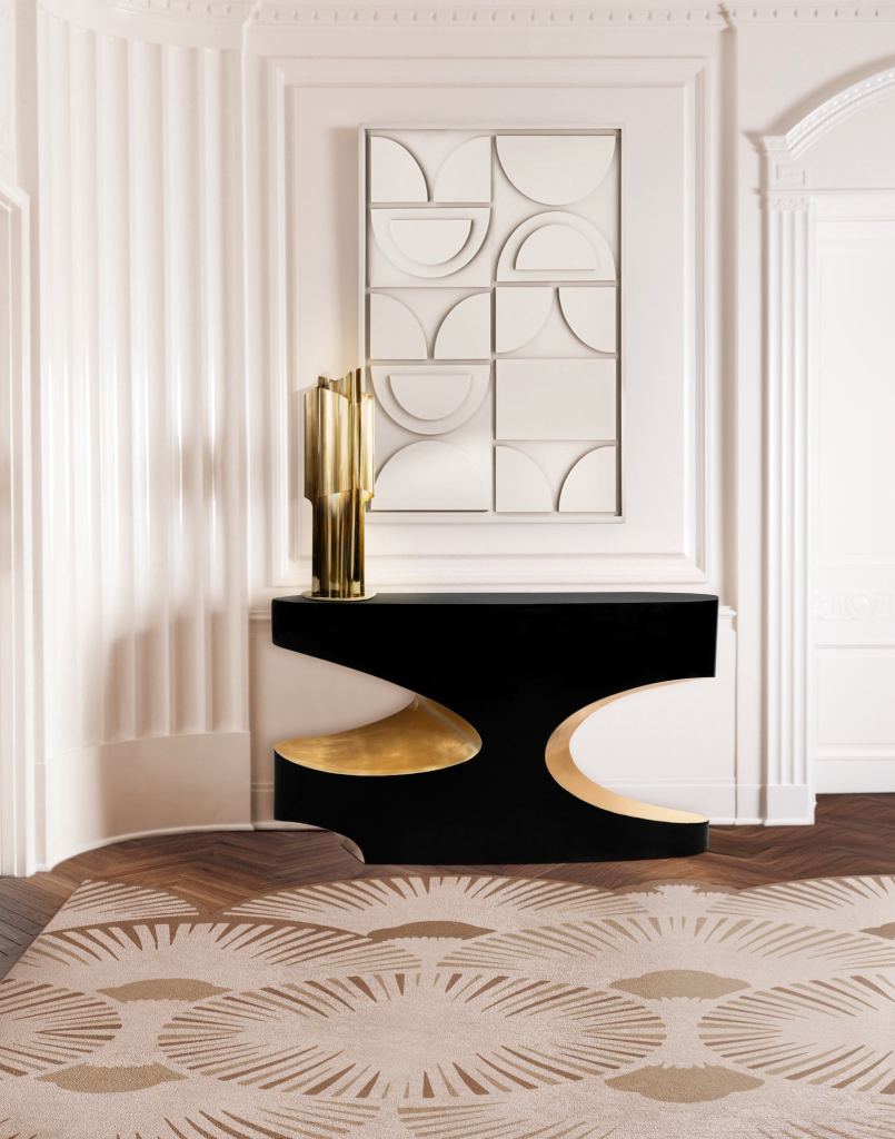 Neutral and luxurious entryway featuring the Bryce Console by BRABBU with dark wood and brass accents, paired with Dêco Square Rug in botanical silk and wool for a sophisticated, elegant look.