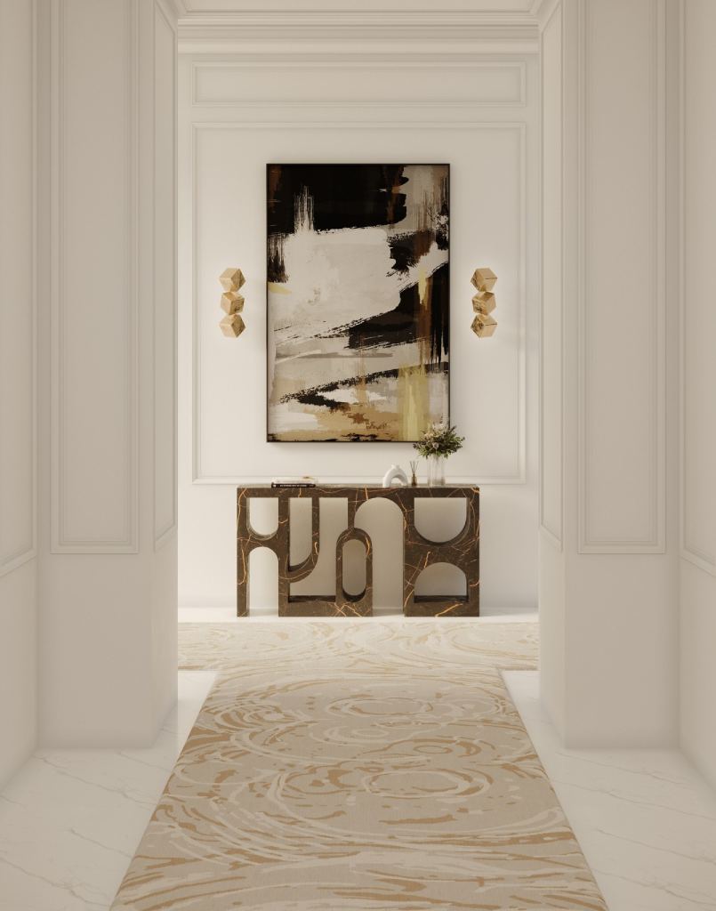 Serene and sophisticated entryway with soft neutral tones, subtle gold accents, Merfilus II rug with swirling patterns, and Colosseum Console by BRABBU for modern luxury.