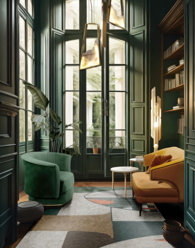 Oscar Rug by Rug’Society, a geometric rug enhancing a serene reading nook with natural light and gold accents, blending artistry and modern design.