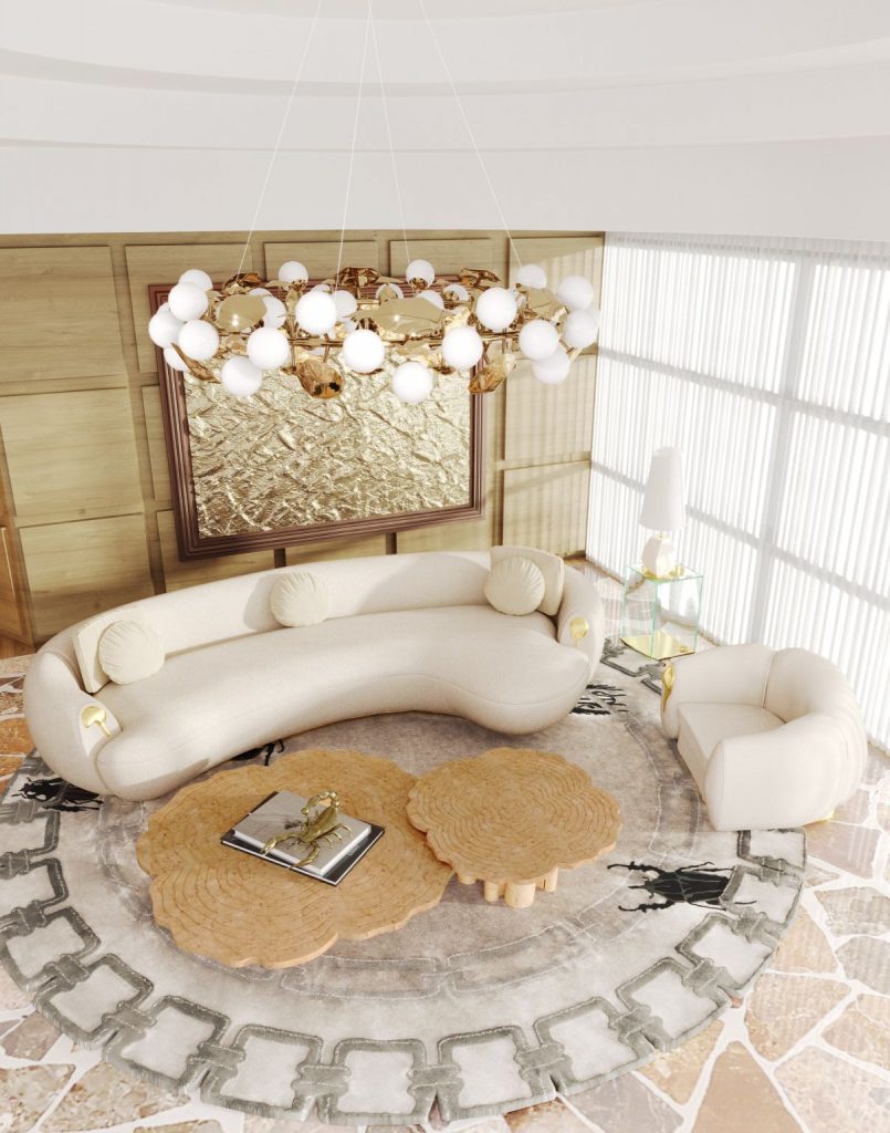Golden Bugs Rug, a modern round rug in 100% botanical silk, bringing mystical, nature-inspired luxury to a contemporary living room.