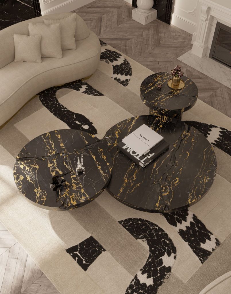 Imperial Snake Rug, a modern rug with a bold sinuous design and rich colors, creating a dramatic centerpiece in a contemporary living room.