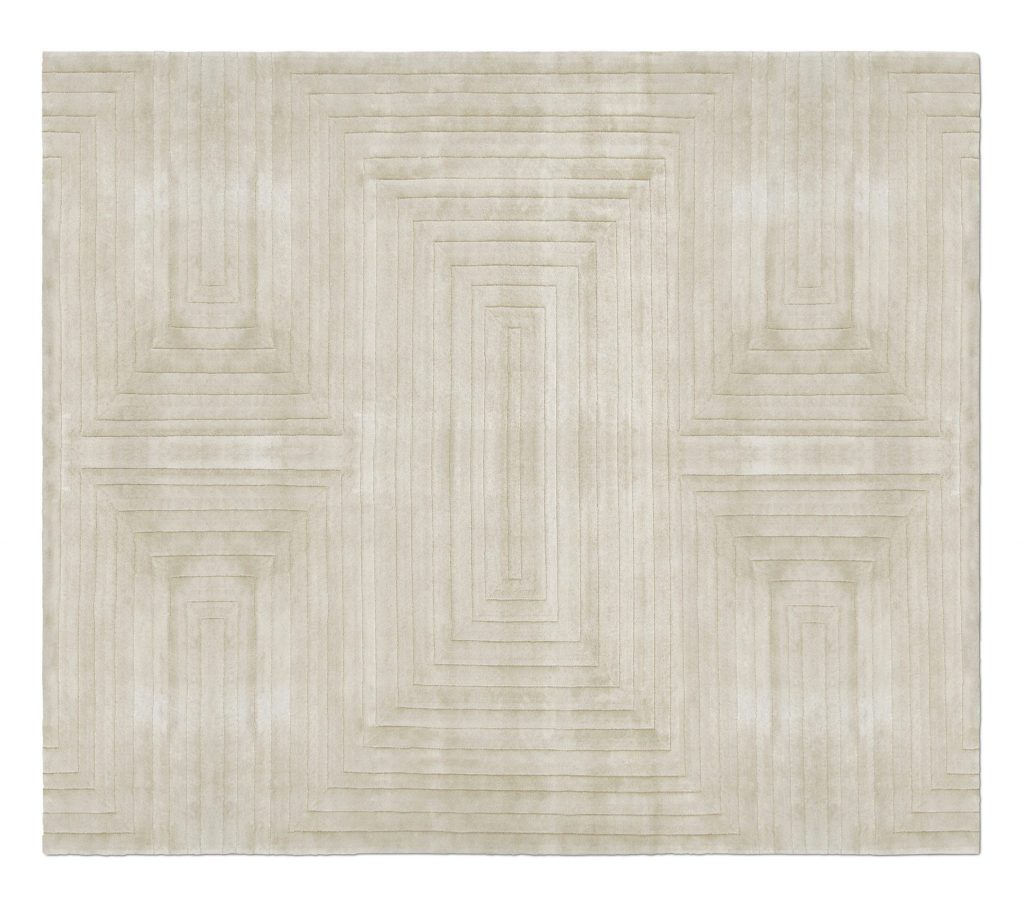 White Garden rug, a square-shaped handmade contemporary rug in soothing white tones with geometric design, adding luxury, warmth, and elegance to a bedroom.