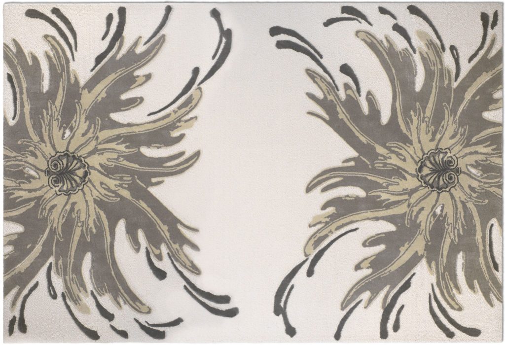Neptuno rug, a 100% handmade contemporary rug in New Zealand wool and botanical silk with nautical motifs, adding luxury, tranquility, and sophistication to a bedroom.