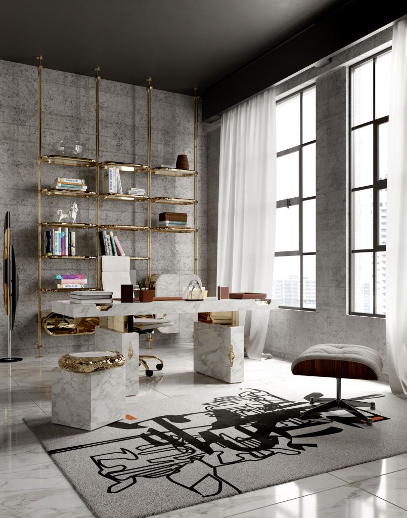 Home office with marble desk and gold accents featuring the Inkage Modern Rug, a luxury office rug combining style, comfort, and functionality in a sophisticated workspace.