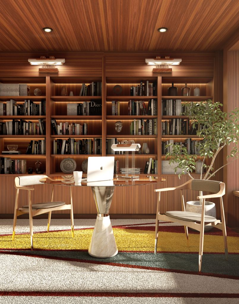 Home office with natural light featuring the Bauhau Rug, a luxury office rug handcrafted with noble materials, adding elegance, personality, and comfort to the workspace.