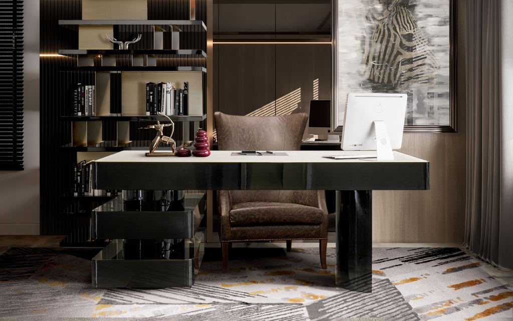 Modern home office featuring the Xisto Rug with geometric motifs, a luxury office rug adding depth, character, and elegance to a sophisticated and inspiring workspace.