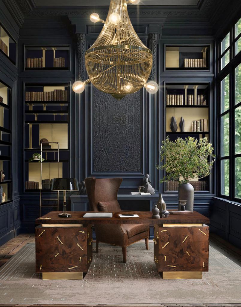 Contemporary office with dark blue walls and rich wood tones featuring the Ruin Rug, an office rug inspired by ancient ruins, adding texture, depth, and historical charm.