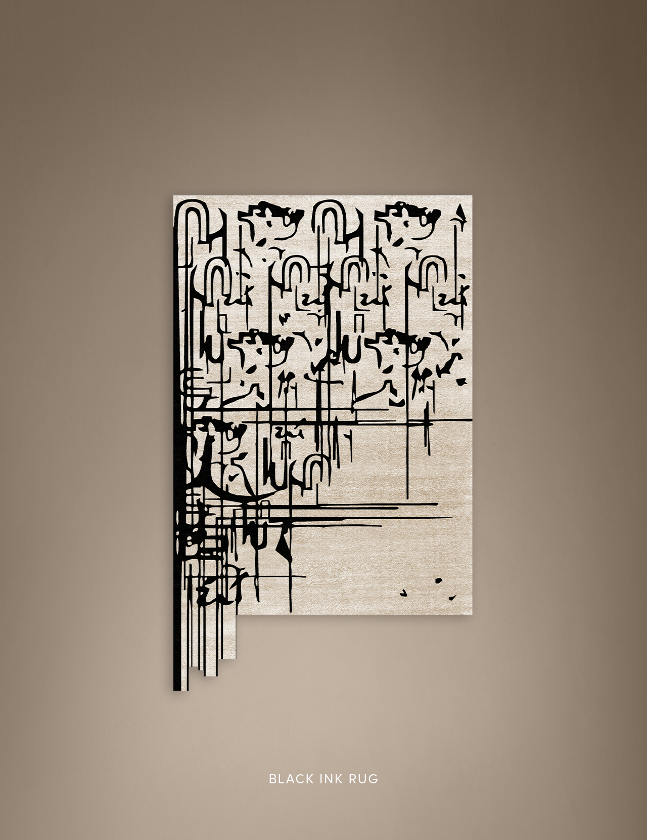 30 statement rugs featuring the Black Ink rug with abstract black linear patterns on a neutral background