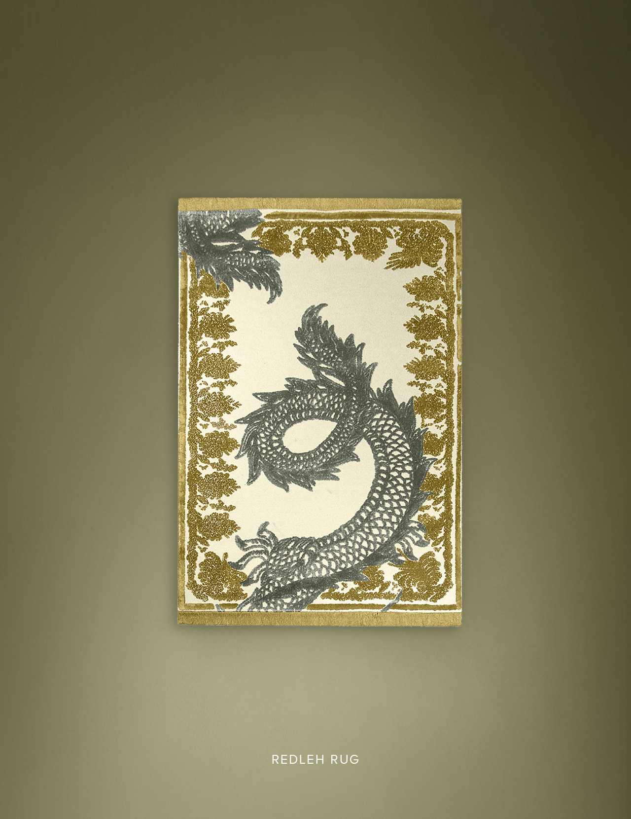 30 statement rugs featuring the Redleh rug with a stylized dragon motif in neutral and gold tones