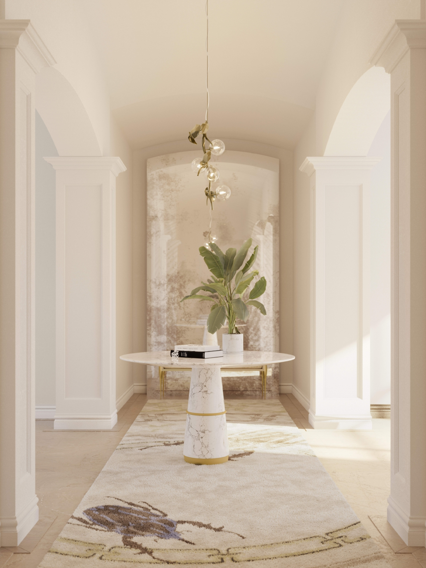 Bright entrance hallway with a textured Rug'Society rug, round marble console table with gold accents, and a green potted plant, surrounded by neutral walls and arched doorways, creating a luxurious contemporary interior.
Rug'Society at Salone Del Mobile 2026