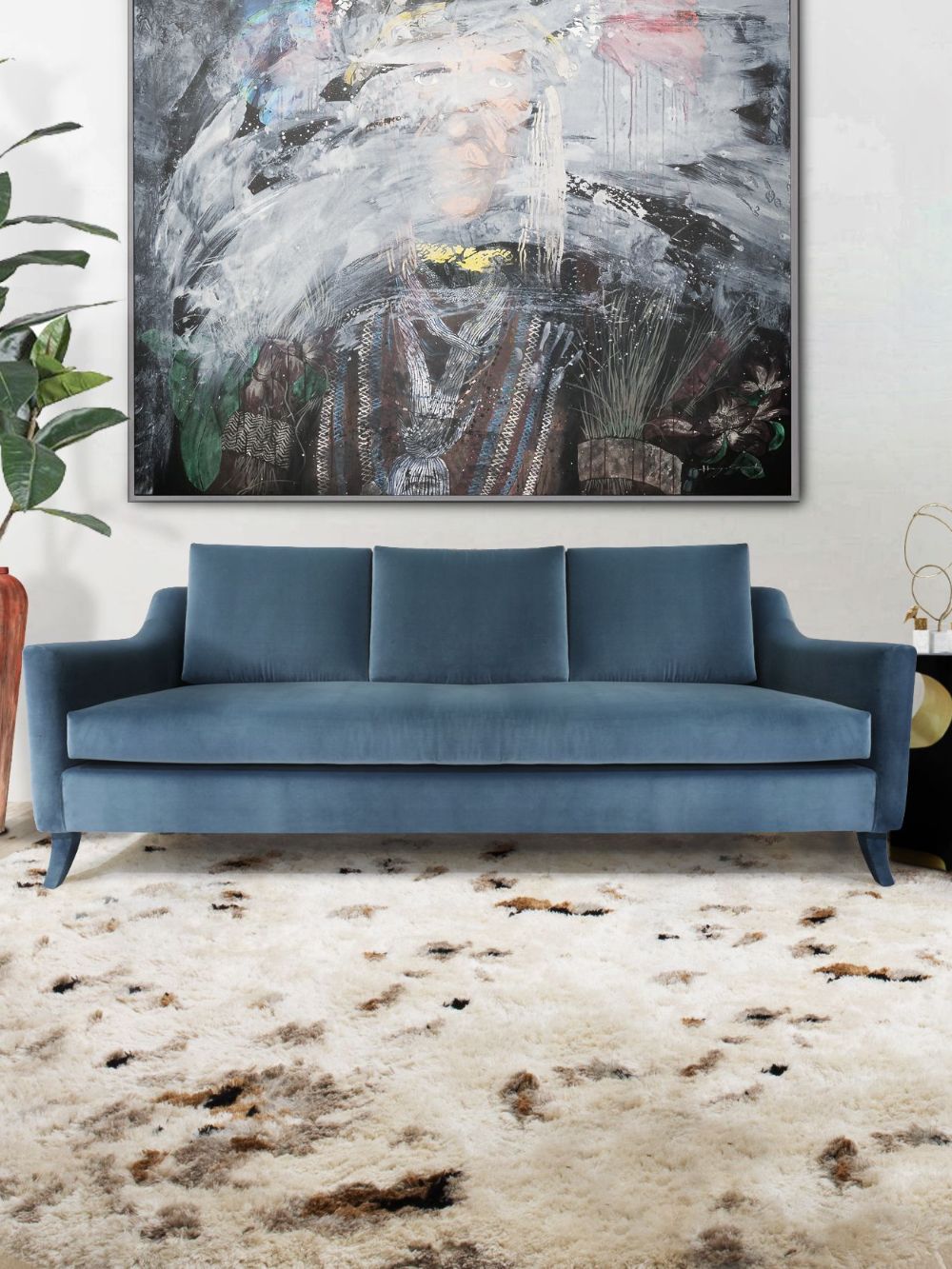 Modern Contemporary Living room with the handmade Oslo Rug. Shaggy rug collection in white and brown.