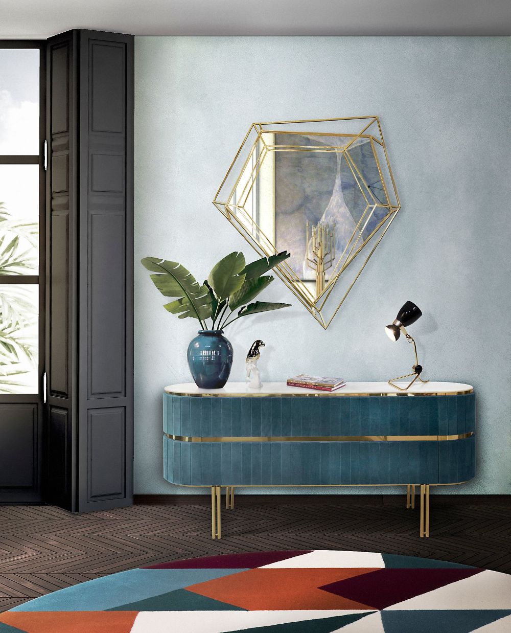 Mid-century hallway with the Audrey rug, geometric pattern rug, colroful geometric rug in blue, brown, white and black