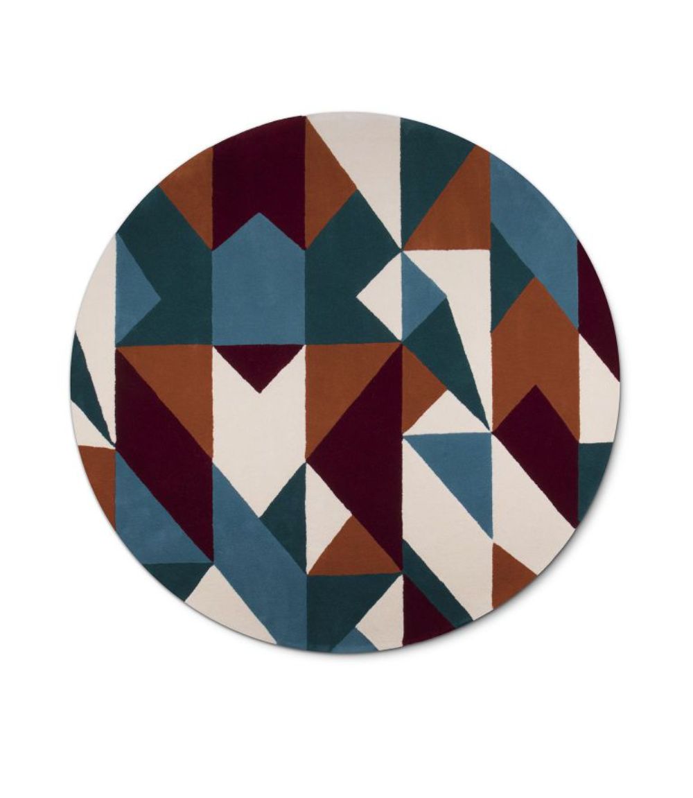 Audrey rug, geometric pattern rug, colroful geometric rug in blue, brown, white and black