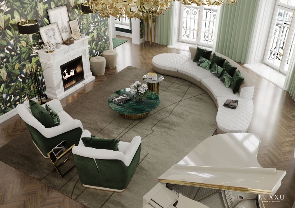 20 Clever Ways to Decorate Your Living Room with Modern Wool Rugs. Modern living room with area rug in brown, white sofa with brown and white armchairs, white fireplace, golden chandelier