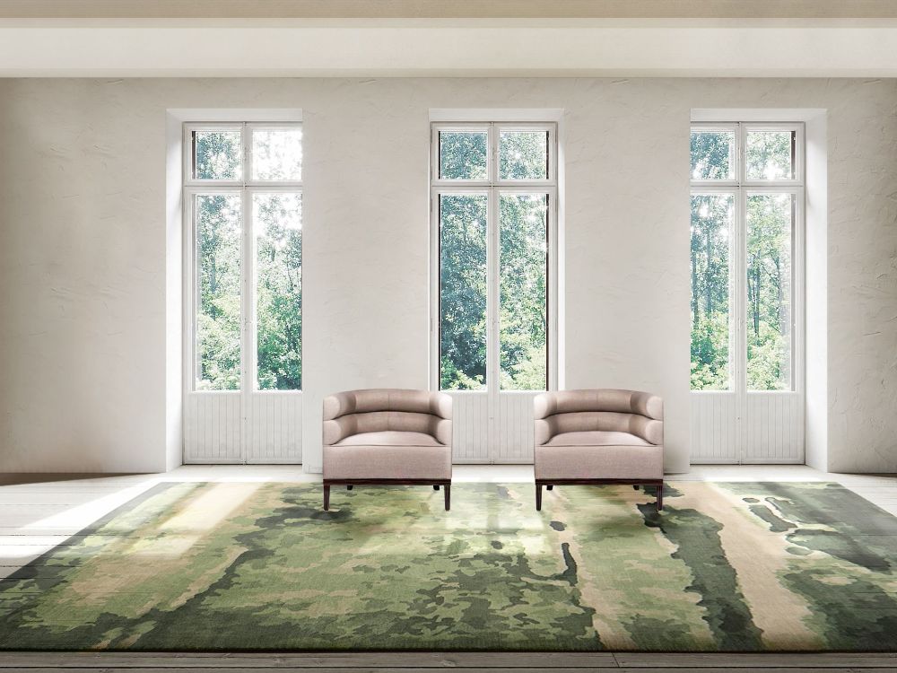 20 Clever Ways to Decorate Your Living Room with Modern Wool Rugs, modern minimalistic living room with the moos rug, beige armchairs.