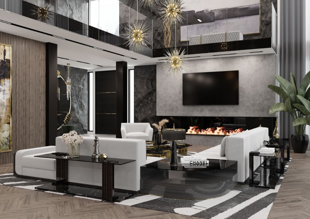 20 Clever Ways to Decorate Your Living Room with Modern Wool Rugs, Modern  living room with the area rug named Palm rug in black and white with stripes. White sofa with black coffee table.