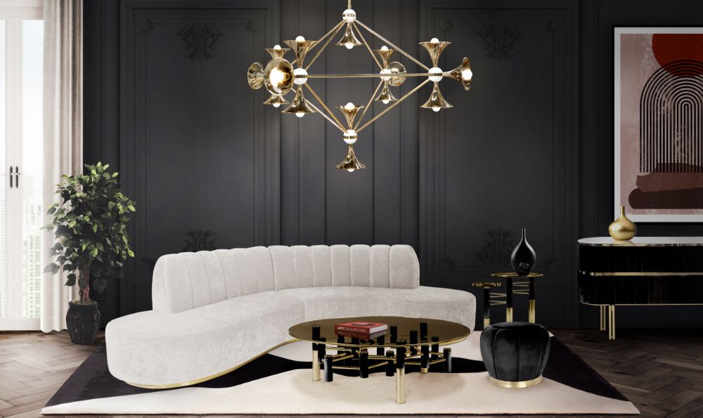 20 Clever Ways to Decorate Your Living Room with Modern Wool Rugs. Modern Classic Living room with the monochromatic Vase rug. White mid century sofa with golden chandelier. Black coffee table with gold top.