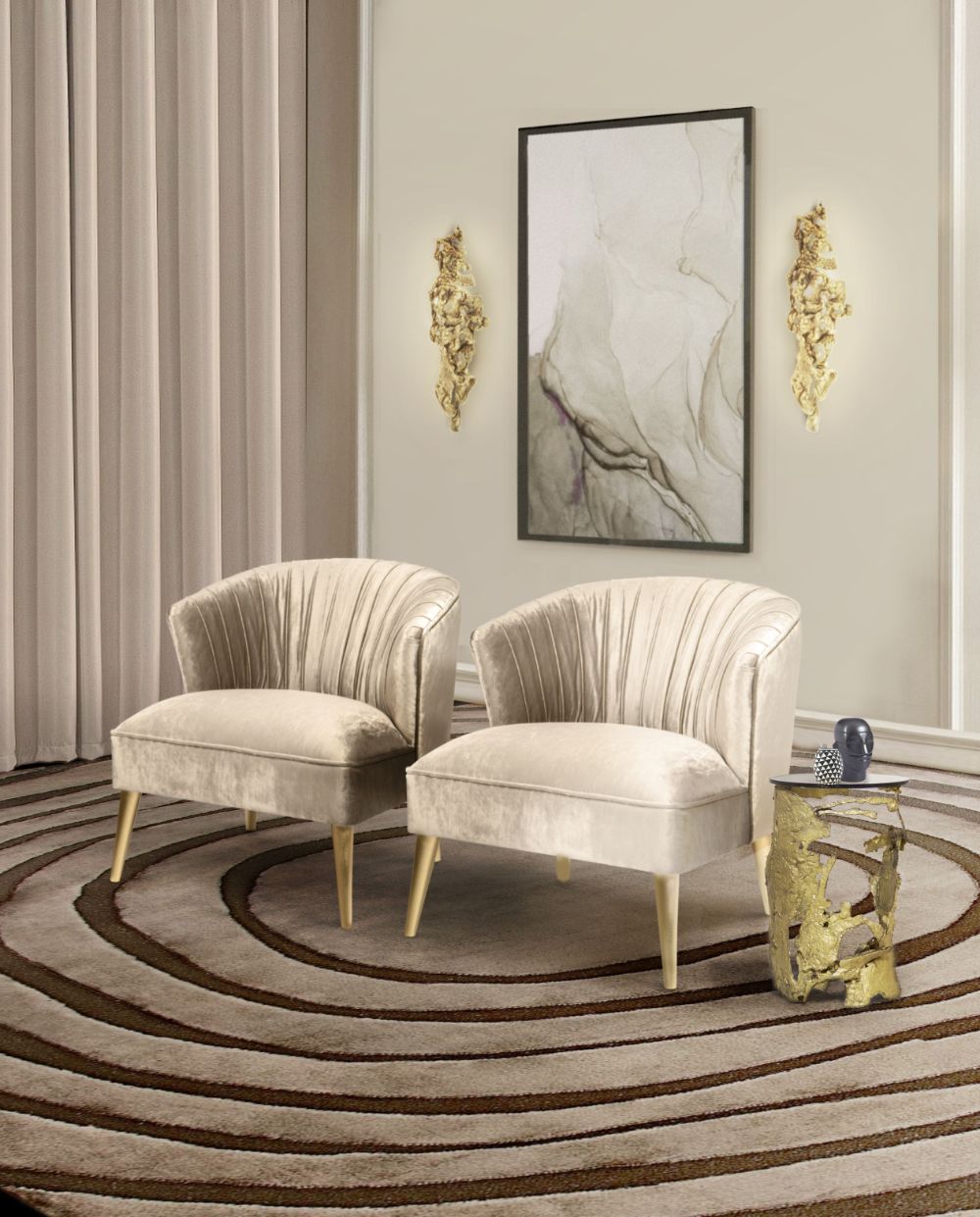 20 Clever Ways to Decorate Your Living Room with Modern Wool Rugs Modern classic living room with the Eye Rug in gray and brown colors and two armchairs