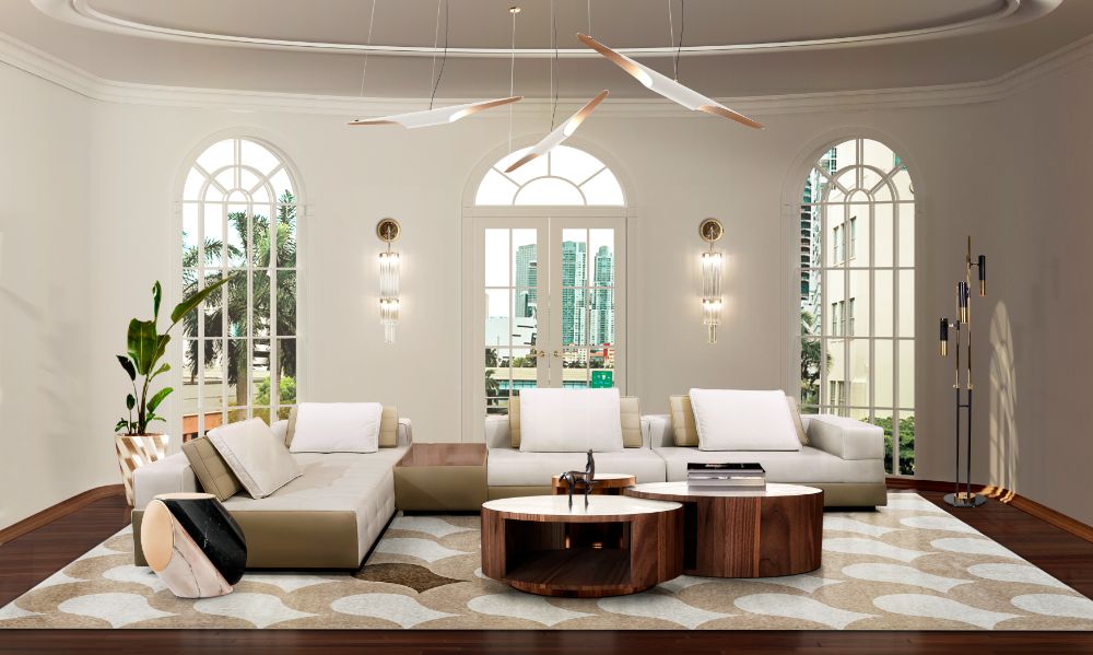 20 Clever Ways to Decorate Your Living Room with Modern Wool Rugs, Modern minimalistic living room with the area Adler Rug in neutral colors. Beige and brown sofa and wooden coffee table.  Area Rug for living room.