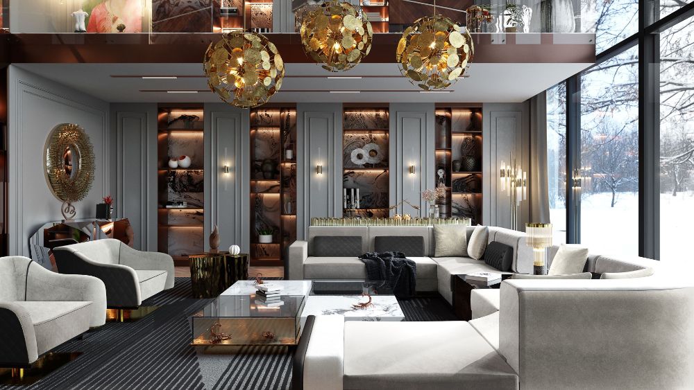 20 Clever Ways to Decorate Your Living Room with Modern Wool Rugs. Modern living room with area air rug. Gray rug with white sofa, black and white armchairs. Golde lights, luxurious living room