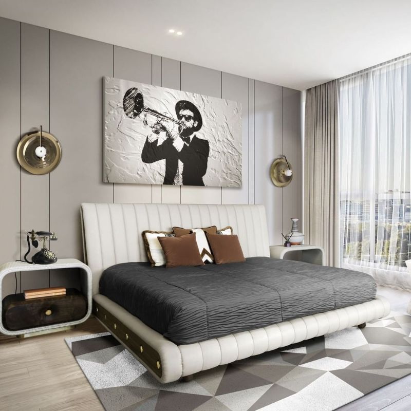 Modern midcentury bedroom with Diamond Rug, midcentury bed with sidetable Bedroom Area Rugs Ideas