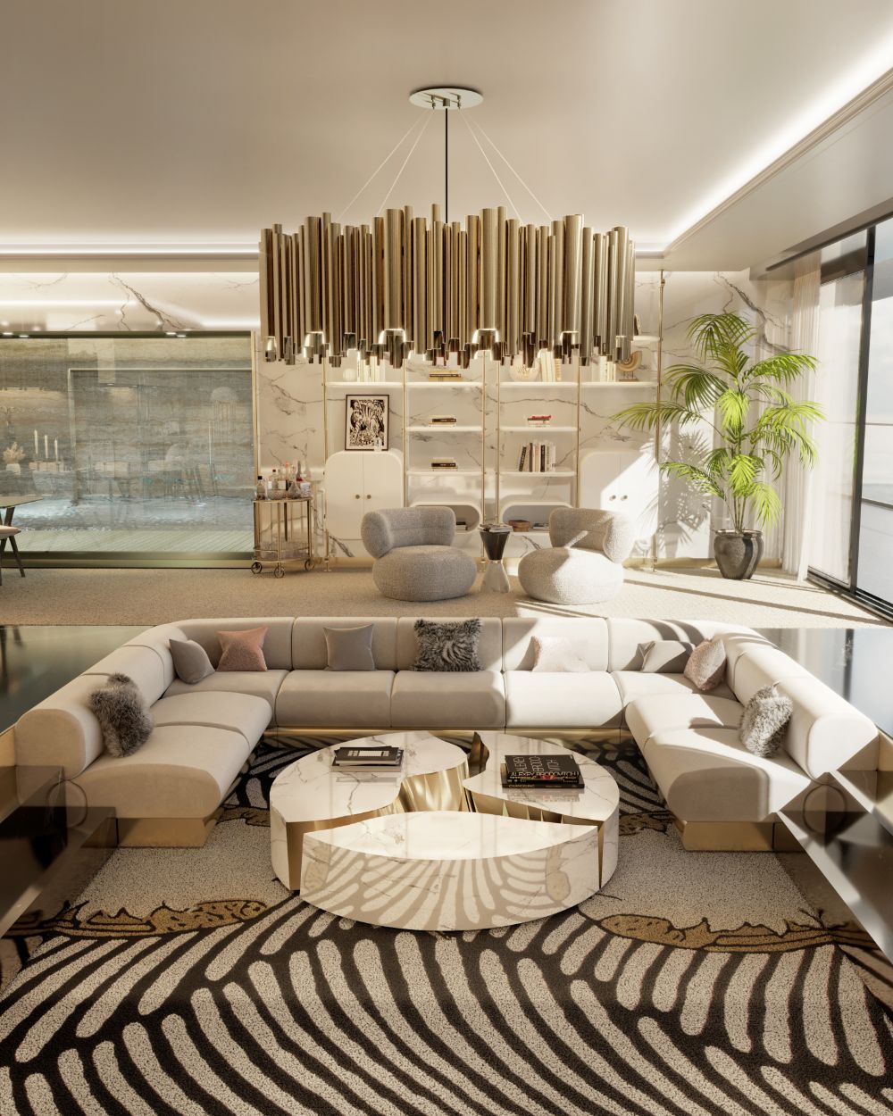 Astonishing Luxurious Rugs For A Stylish Interior, modern classic living room with couple rug, white round center Lapiaz table, light gray sofa, golden hanging lights