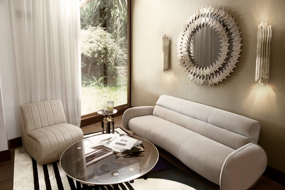 Astonishing Luxurious Rugs For A Stylish Interior, modern mid-century living room with Prisma I Rug, white sofa and armchair