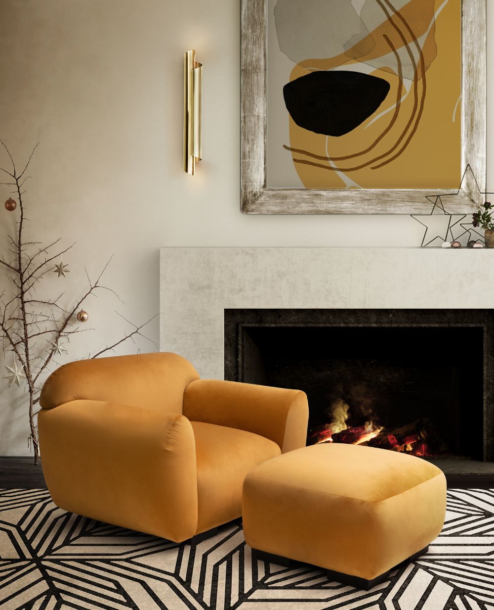Astonishing Luxurious Rugs For A Stylish Interior, modern contemporary living room with Cauca rug, orange armchair