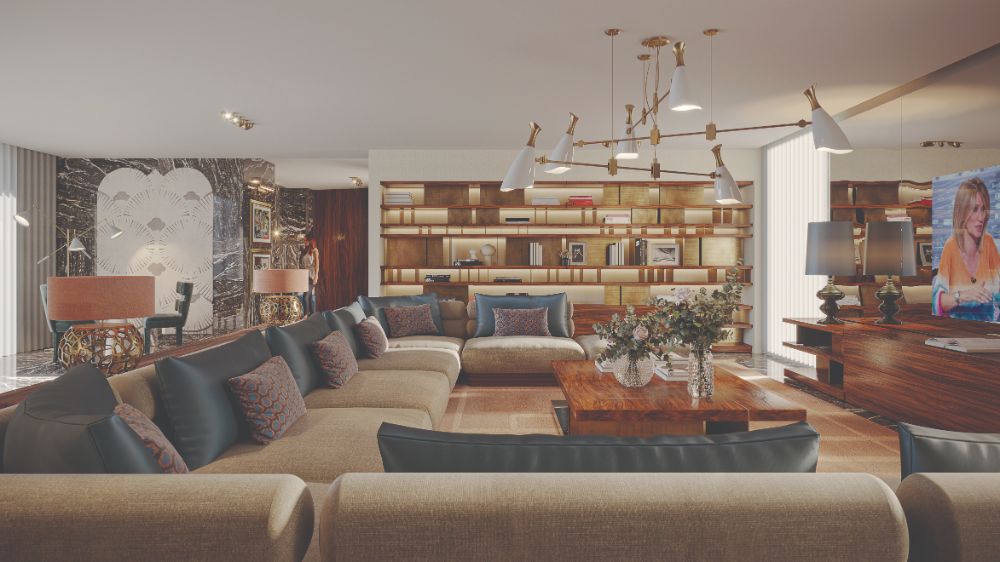 Astonishing Luxurious Rugs For A Stylish Interior, modern contemporary living room with the Terraccotta Rug, wooden center table, brown sofa and blue pillows