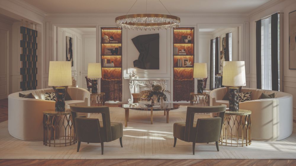 Astonishing Luxurious Rugs For A Stylish Interior, contemporary living room with white garden rug, red velvet armchairs, white sofas, gold side tables, black center table