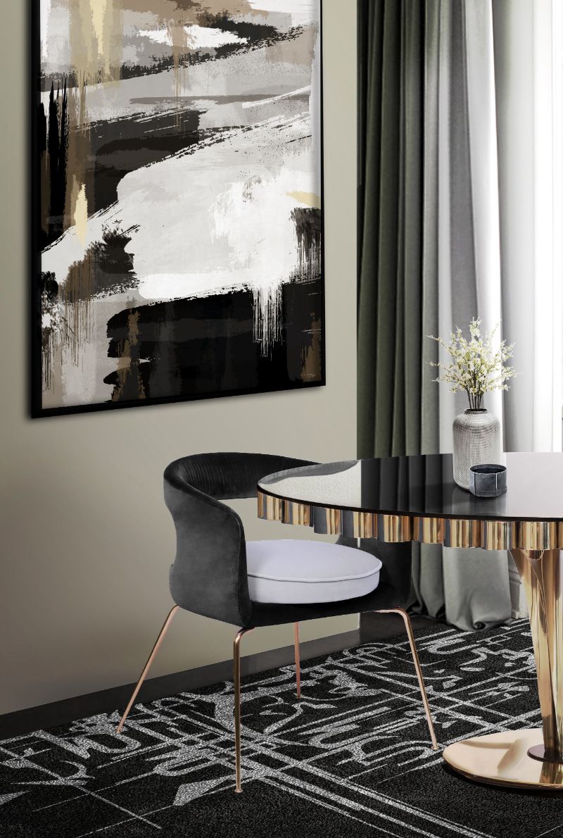 Modern dining room with blanc ink rug and round table