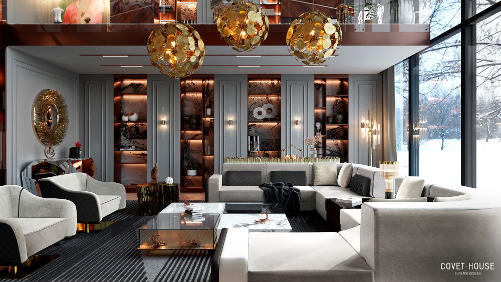Astonishing Luxurious Rugs For A Stylish Interior, modern living room with Air Rug, white sofa, center table, black and white armchairs, gold hanging lights