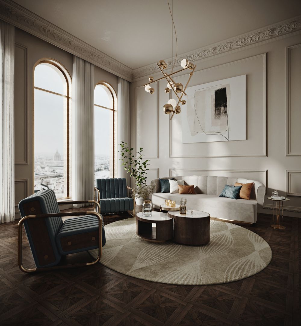 Astonishing Luxurious Rugs For A Stylish Interior, modern living room with round brown rug,