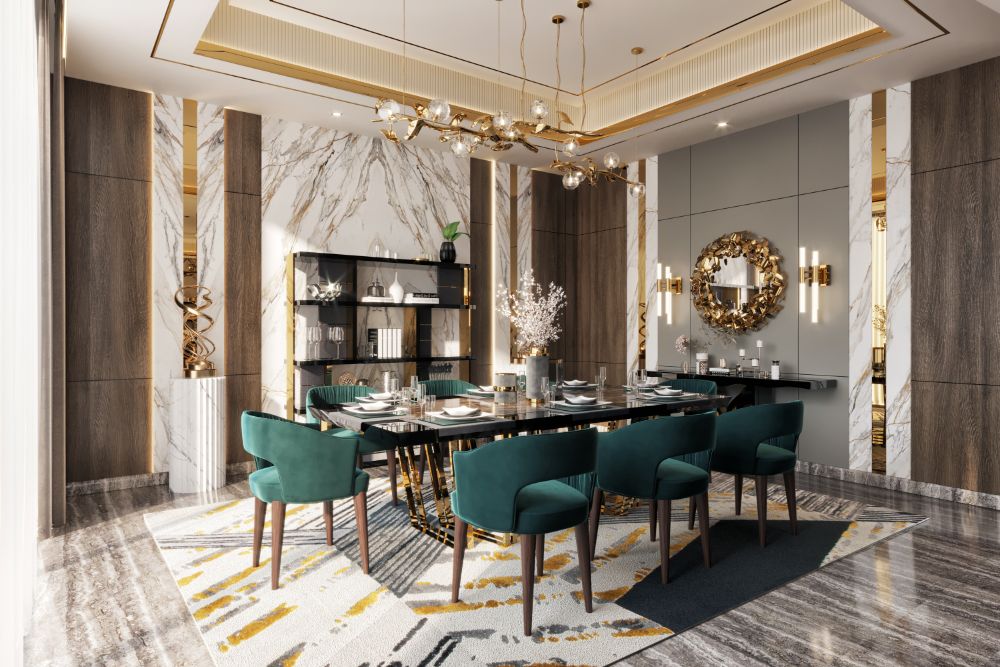 modern elegant dining room with Xisto Rug, dark dining chairs, and black dining table